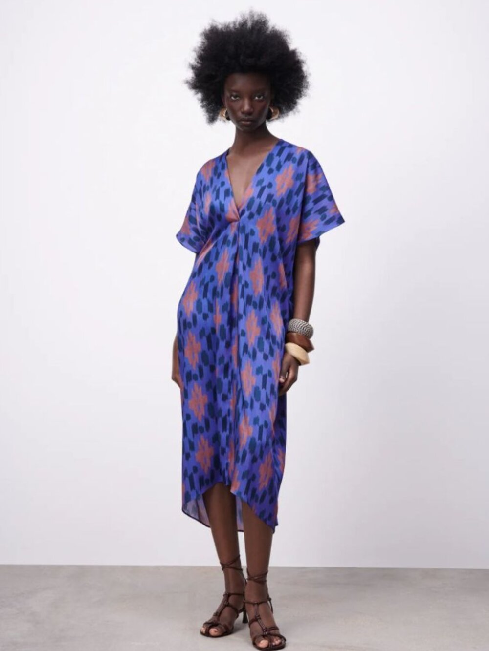 Zara Satin Effect Blue and Brown Ikat Kaftan, size Large